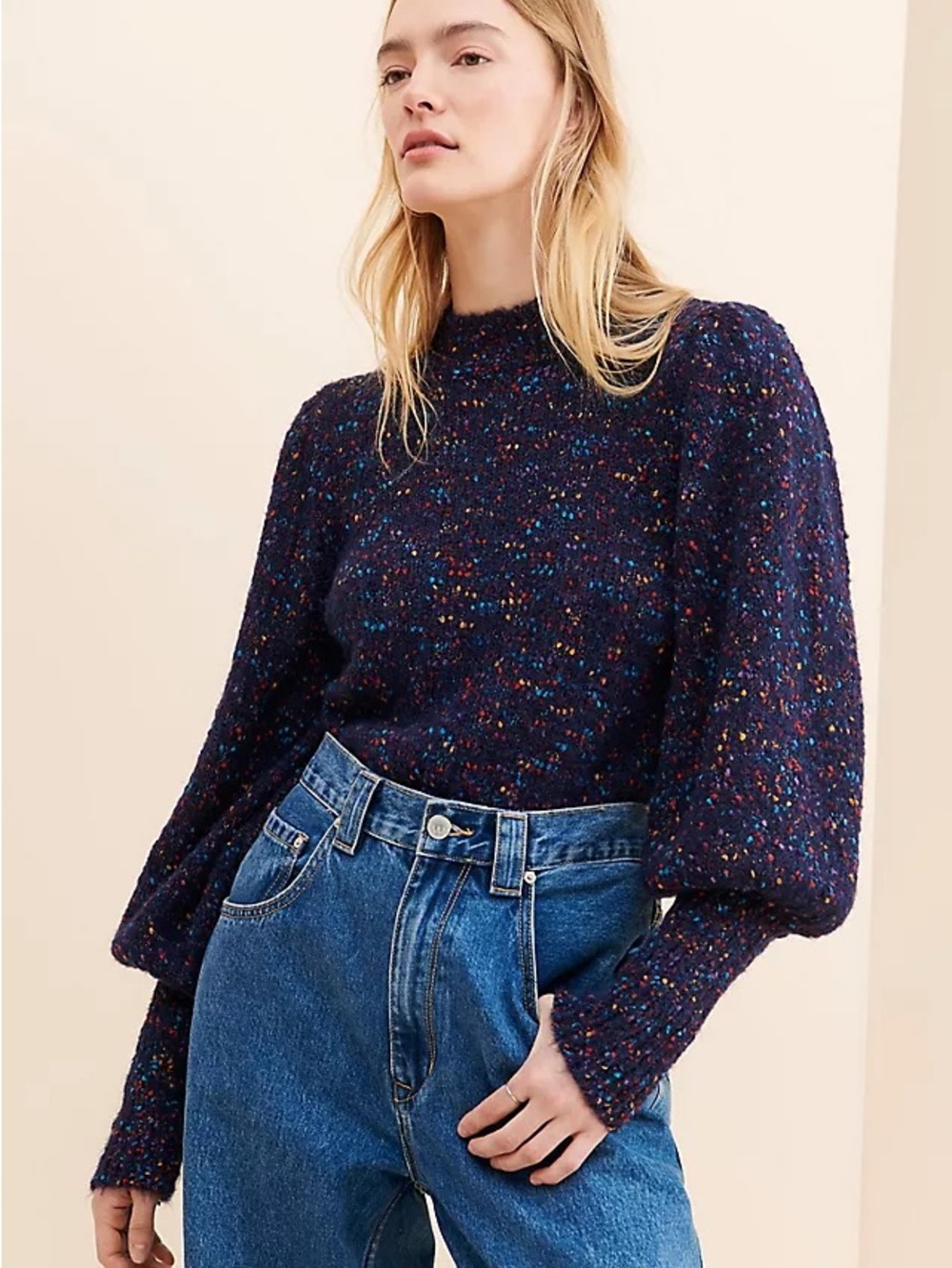 Anthropologie Navy Multicolor Speckled Bouclé Mock Neck Sweater